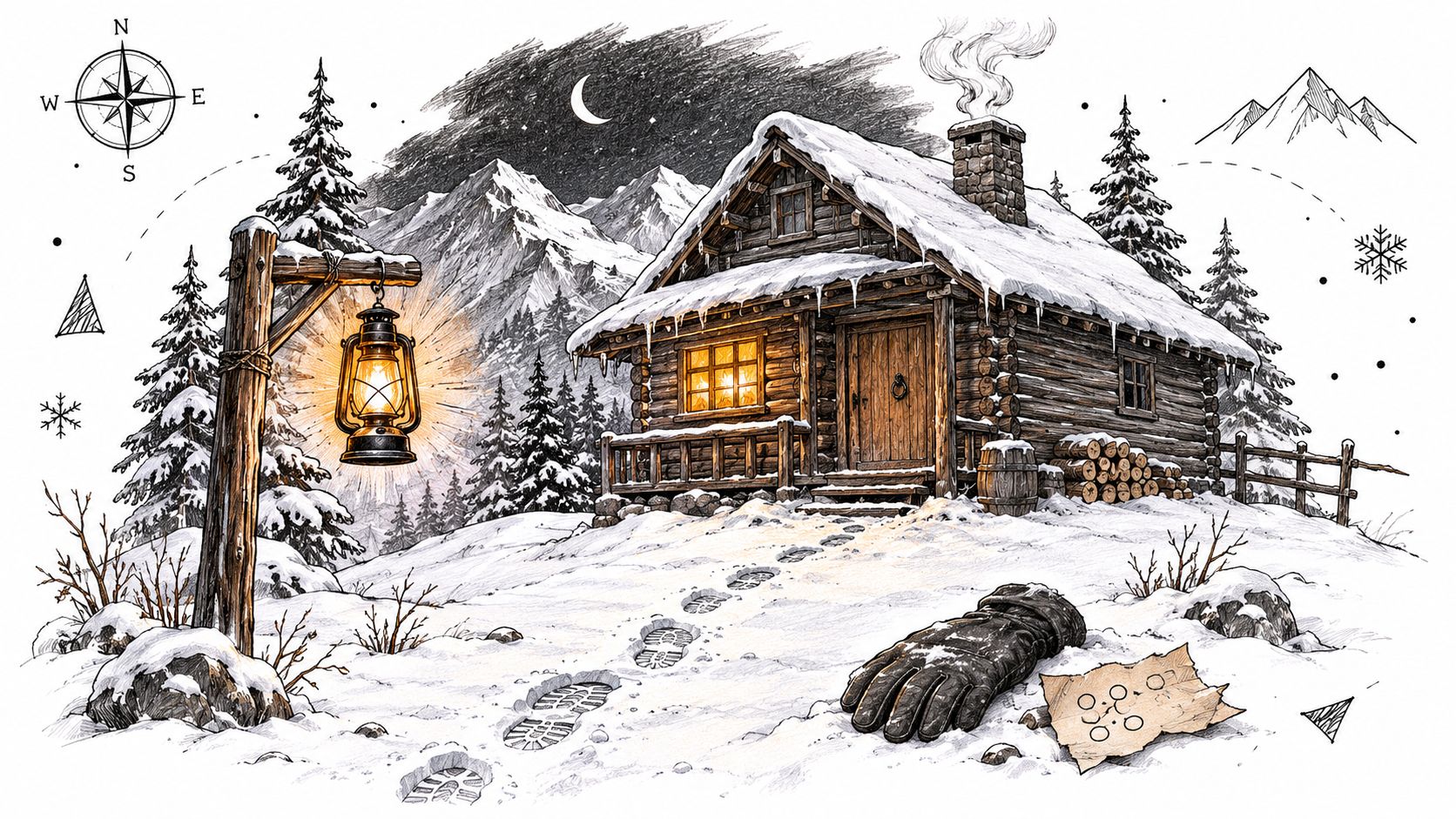 A cozy, snowy cabin at night featuring a glowing lantern and mysterious footprints in the snow.