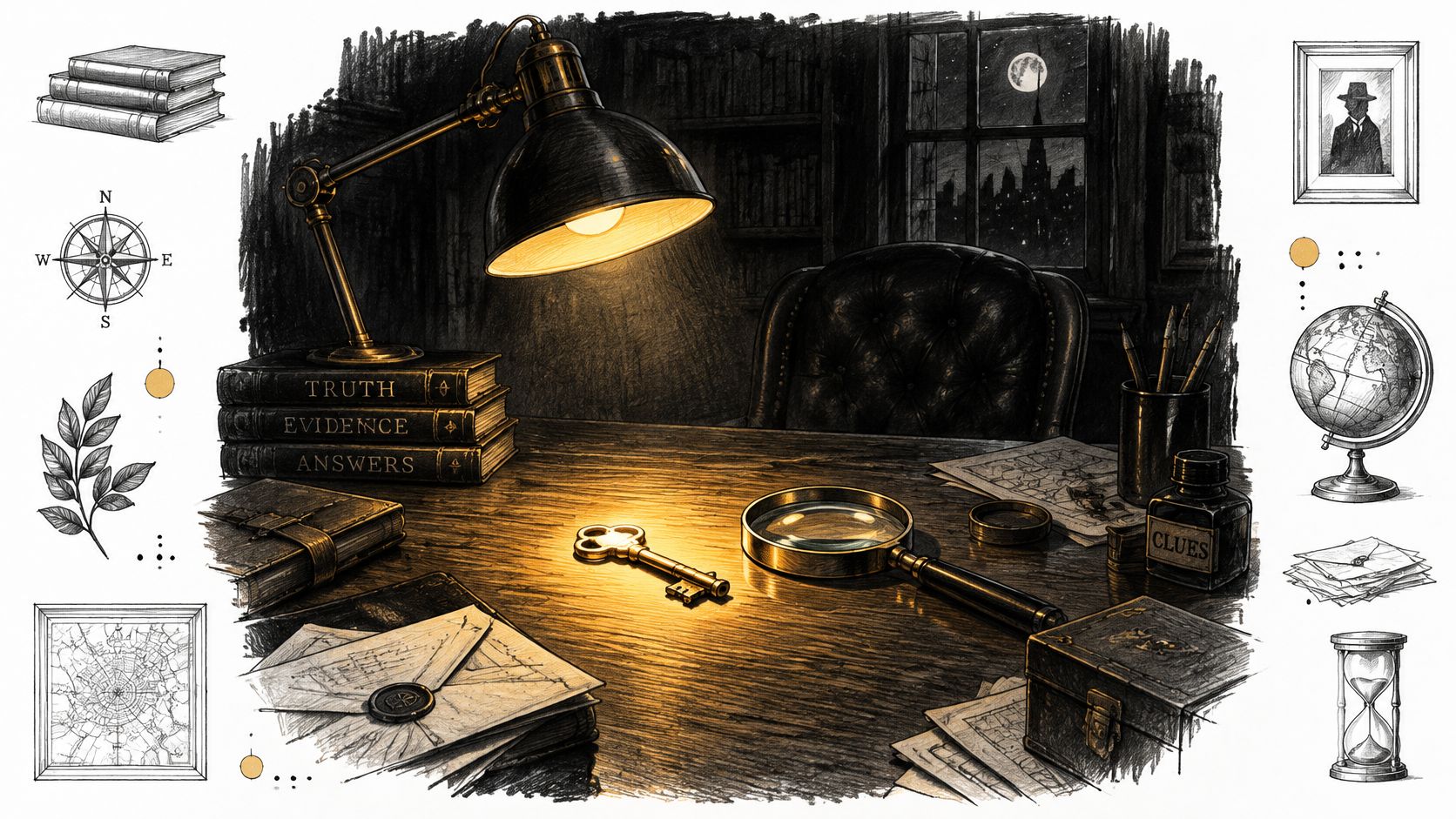 A mysterious detective study with a glowing key, magnifying glass, inkwell, and stack of books on a desk.