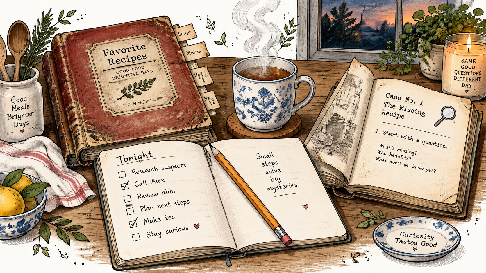 A cozy, illustrated detective desk scene featuring a recipe book, a mystery case file, and a checklist.